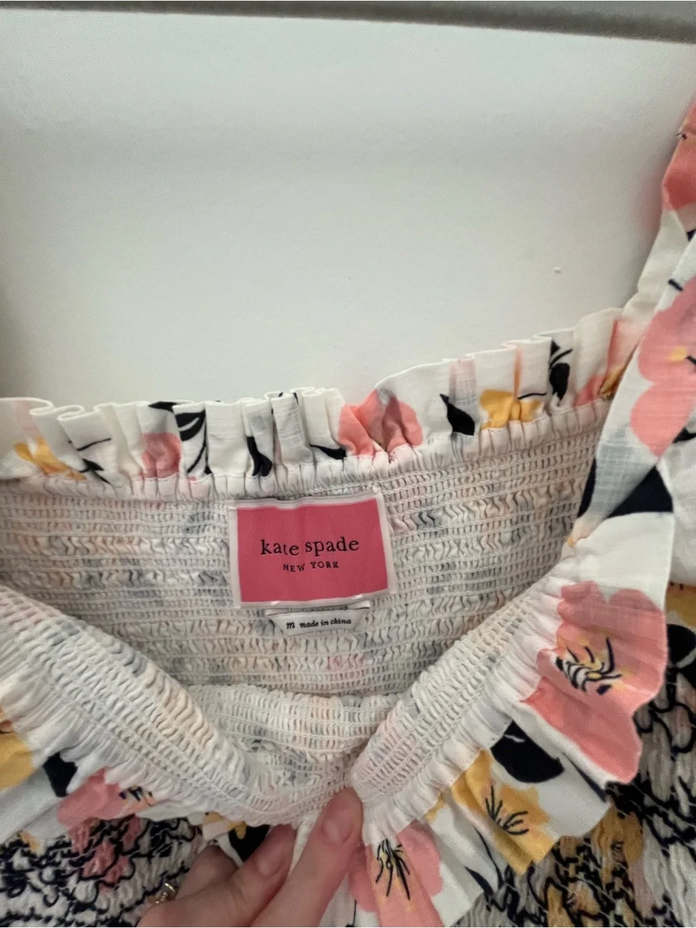 kate spade White Floral Smocked Midi Dress with Pink & Yellow Blooms